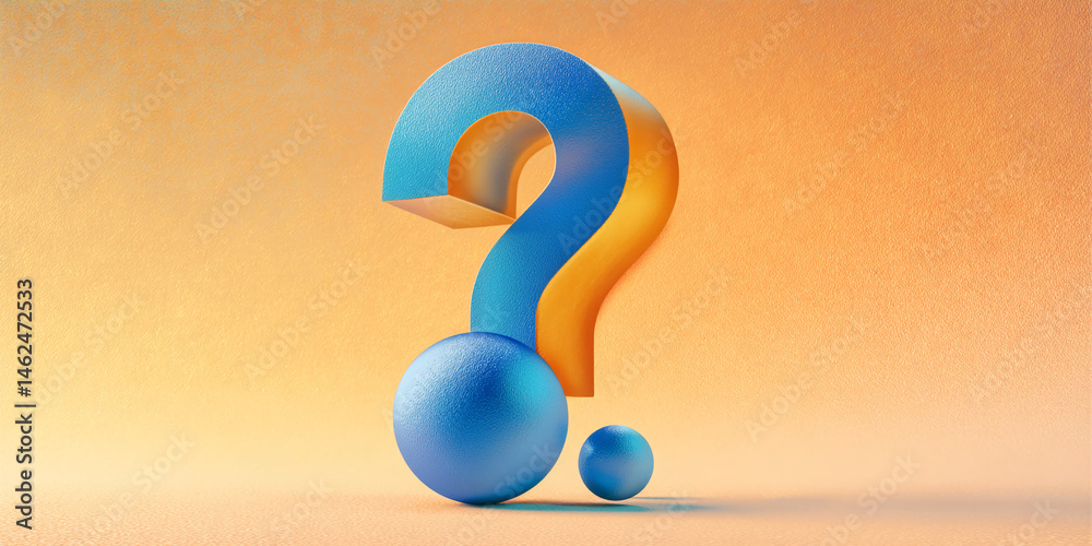 Poster blue and gold question mark with spheres on orange background, symbolizing inquiry, uncertainty, or 