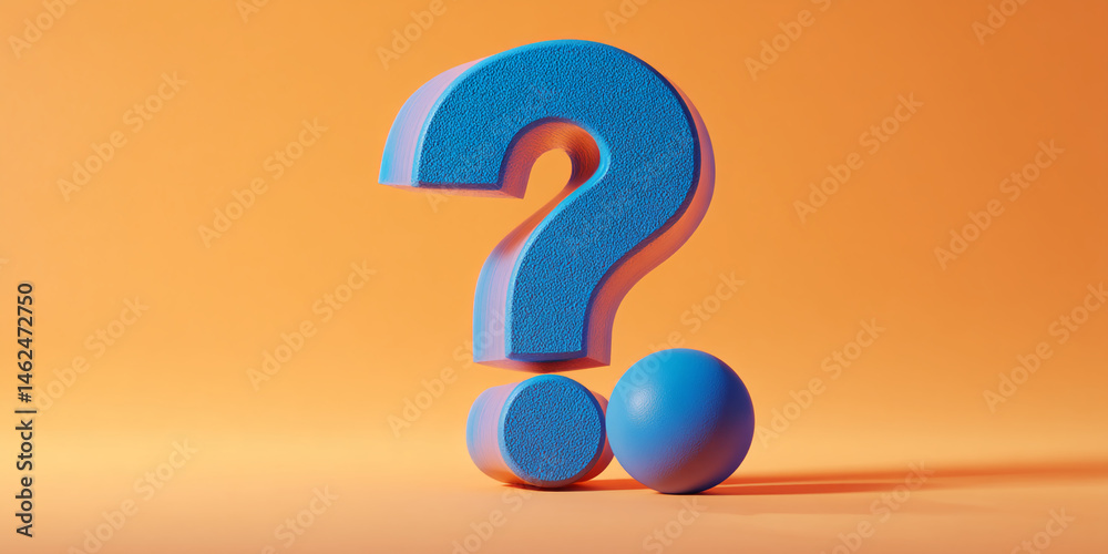 Poster blue textured question mark and sphere on orange background, suggesting inquiry, uncertainty, or pro