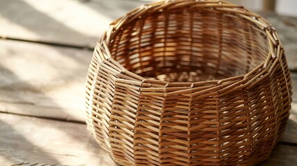 Fototapeta premium Sunlit Empty Wicker Basket on Wooden Surface