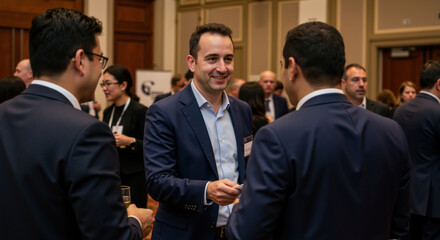 Businessman with friendly smile conversing with colleagues at formal networking event in elegant hall setting. Professional connection moment for corporate conferences