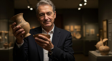 Senior museum curator examining ancient pottery vase with decorative patterns in exhibition gallery. Cultural heritage expertise for archaeological exhibitions