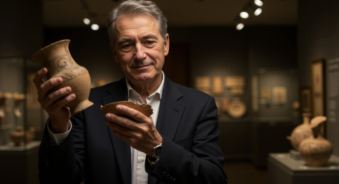 Senior museum curator examining ancient pottery vase with decorative patterns in exhibition gallery. Cultural heritage expertise for archaeological exhibitions