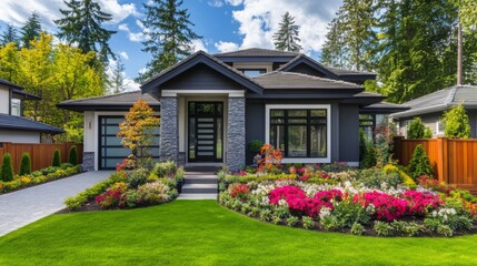 Beautiful modern house with lush garden and colorful flower beds in a suburban neighborhood
