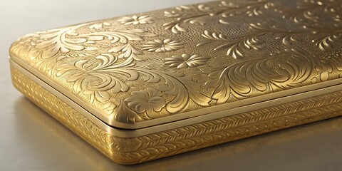 Fototapeta premium Elegantly engraved golden box, intricate floral patterns adorn its surface, a luxurious and ornate design detail. A timeless piece of exquisite craftsmanship.