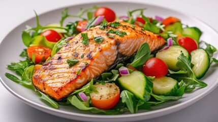 Grilled Salmon with Mixed Greens and Vegetables