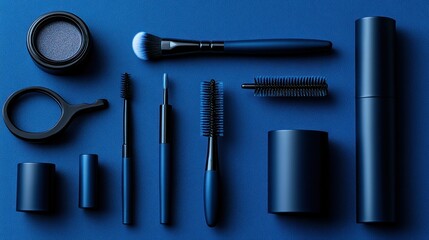 Fototapeta premium Collection of assorted makeup brushes and products in deep blue