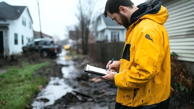 Adjuster in rain jacket records observations while standing near torn siding and water-damaged walls. Storm remnants linger as mud and puddles cover the lawn