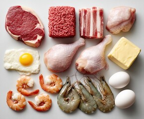 assorted raw meats and seafood arranged in a neat minimalist composition, carnivore diet