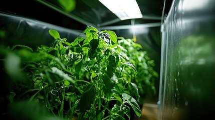 Indoor vertical garden with lush green tomato plants.