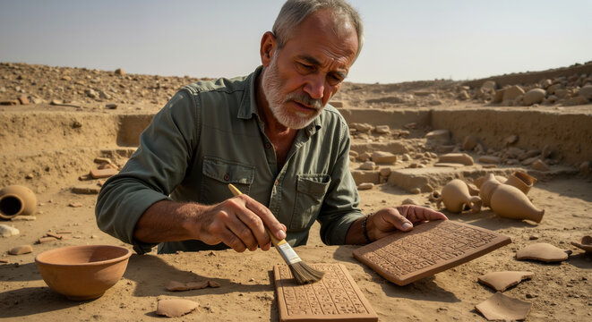 Archaeologist carefully brushing ancient tablet with inscriptions at excavation site. Historical research for archaeological discovery and preservation of cultural heritage in museum exhibitions
