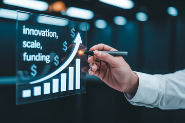 Hand drawing a growing graph of innovation, scale, and funding on a futuristic display.