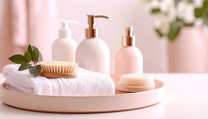 Luxurious Bathroom Essentials Soft Towels Body Brush and Elegant Soap Dispensers