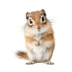 Fototapeta premium A cute chipmunk stands on its hind legs against a clean white background.