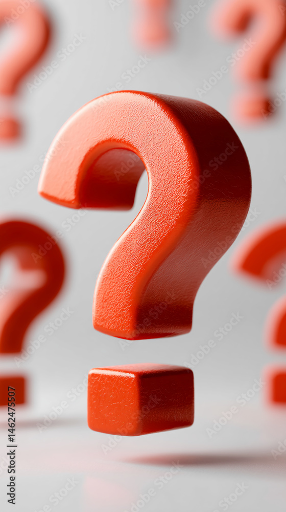 Aufkleber Large orange question mark with textured surface, hovering above a small cube, surrounded by blurred question marks, representing uncertainty, inquiry, or problem-solving