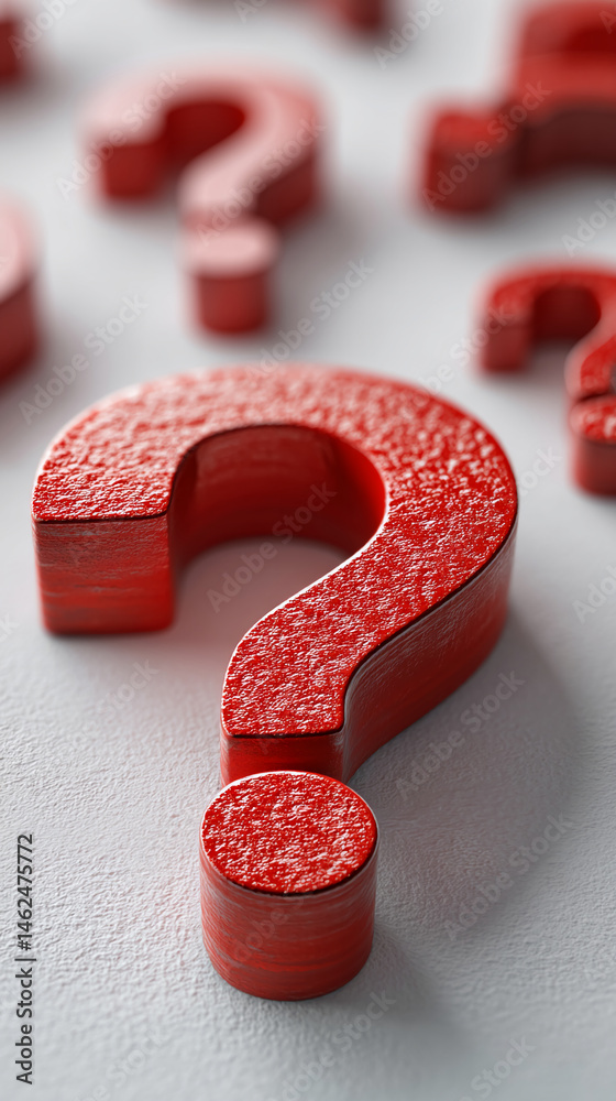 Aufkleber close-up of red question marks with textured surface, scattered on white background, symbolizing inq