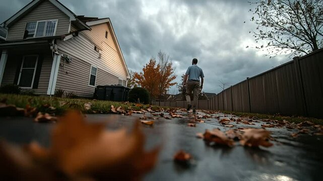 Adjuster walks perimeter of property, noting broken gutters, fence gaps, and siding ripped from the house. Wet leaves and dark clouds emphasize recent chaos