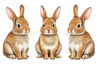 Fototapeta premium Three Adorable Brown Rabbits Watercolor Illustration Cute Bunny Animals Easter Spring Art Pet Farm