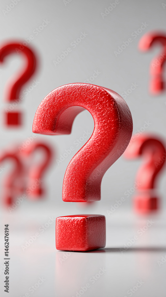 Poster red textured question mark on cube, surrounded by blurred question marks, representing inquiry, unce