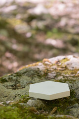 Product podium resting on a natural stone surface amidst greenery under soft daylight