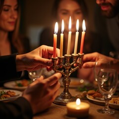 Close-up of Jewish couple’s hands lighting Hanukkah candle on hanukkiah, festive table setting, soft focus, square format.

