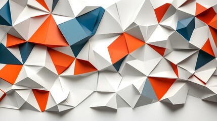 Obraz premium Geometric pattern of overlapping triangles in white, orange, and navy.