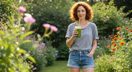 Woman with red hair drinking green juice in blooming garden surrounded by colorful flowers. Natural detox concept for organic lifestyle promotion, garden therapy or summer wellness programs