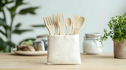 Eco-friendly wooden utensils in a kitchen setting. Ideal for sustainable living. Use these for a natural and stylish home decor.