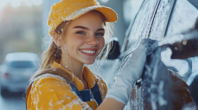 Teen girl cleaning a car at a car wash on a bright sunny day with foam and water splashing around - Powered by Adobe