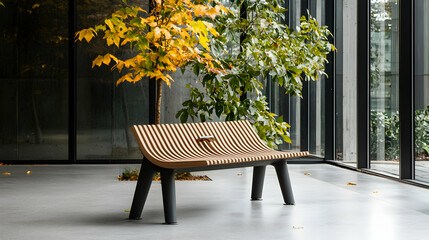 Modern outdoor bench design. The curved wooden seat and dark legs are appealing. Perfect for parks gardens and modern spaces. Relax and enjoy nature.