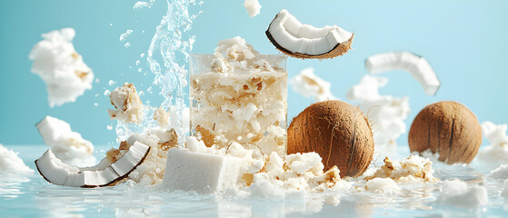 A refreshing coconut themed image featuring water splashes pieces of coconut and a clear glass. Use it for tropical themed designs or food related promotions.