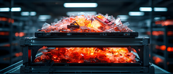 Futuristic data destruction concept. Suggests secure digital information disposal through technological processes for privacy protection. Implies cybersecurity or data management.
