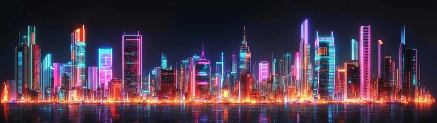 Obraz premium Neon Cityscape Reflection Futuristic Skyline at Night, city lights , modern architecture