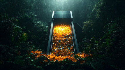 A futuristic solar panel installation in a lush rainforest. It suggests sustainable energy and the interplay between nature and technology. It can be used as a design for a futuristic theme.