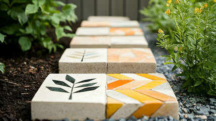 A decorative stepping stone path in a garden setting. The path enhances outdoor spaces and provides visual appeal with geometric designs. Great for yards.