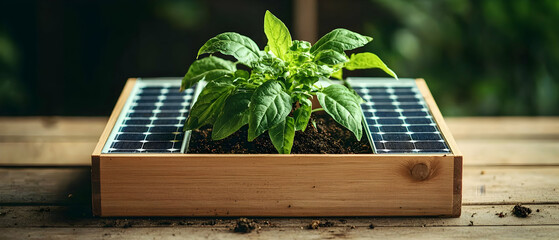 A vibrant plant thrives within a planter integrating solar panels suggesting sustainable energy powering growth. It suggests using eco-friendly technology for gardening.