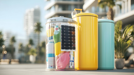 Image depicts eco-friendly recycling bins. Suggest this design for public spaces to promote waste sorting and renewable energy use in urban areas.