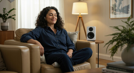 Woman with closed eyes relaxing on beige leather sofa with speaker nearby. Audio entertainment for home relaxation and mindfulness practices that enhance mental wellbeing and stress reduction
