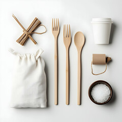 Eco-friendly flat lay. Sustainable utensils reusable coffee cup bamboo straws. Perfect for blogs social media product photography. Promotes zero waste living a greener lifestyle.