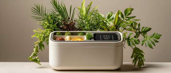 A modern indoor gardening system featuring plants and a control panel. Ideal for growing herbs vegetables or flowers inside with ease.