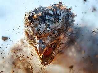 A close up of an owl-like creature seemingly emerging from debris. It depicts a powerful predatory bird with a striking expression. Excellent for fantasy illustrations.