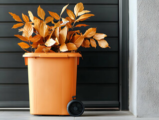 An orange trash bin overflowing with golden leaves against a dark wood paneled wall. Great for autumn themed social media content or seasonal home decor.