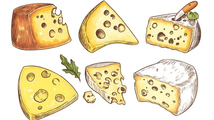 Hand-drawn illustration of various types of aged cheeses.