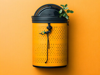 A yellow washing machine drum repurposed as a wall-mounted planter. Great for small spaces adds a creative touch to any home.