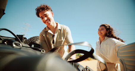 Couple, packing and bags in car for road trip preparation, travel luggage and ready for vacation. People, helping and suitcase in trunk for summer holiday, getaway adventure and transport journey
