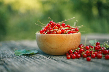 Fresh red currants in a wooden bowl on rustic wooden table. Natural summer harvest scene with vibrant red berries and green blurred background, perfect for healthy eating or gardening themes