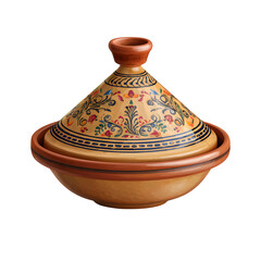 Moroccan tajine clay pot with painted lid isolated on transparent background