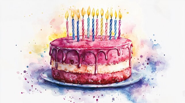Watercolor Birthday Cake with Candles Illustration for Celebration Designs