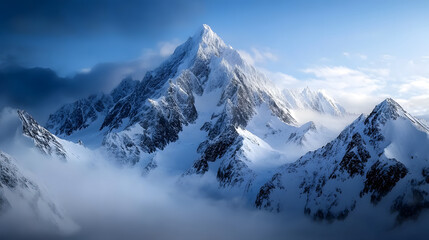 Fototapeta premium A panoramic view of towering snow-covered peaks, with a blue sky overhead and snow sparkling in the early morning light, creating a serene winter scene.