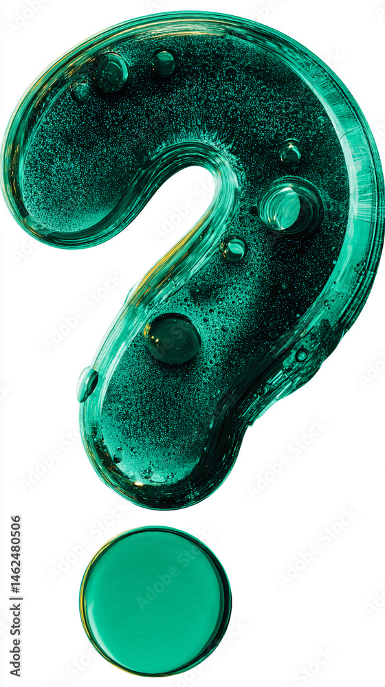 Poster green liquid question mark with bubbles, forming a unique shape, symbolizing inquiry, curiosity, and