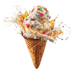 Delicious Ice Cream Cone with Colorful Toppings , isolated on white background png